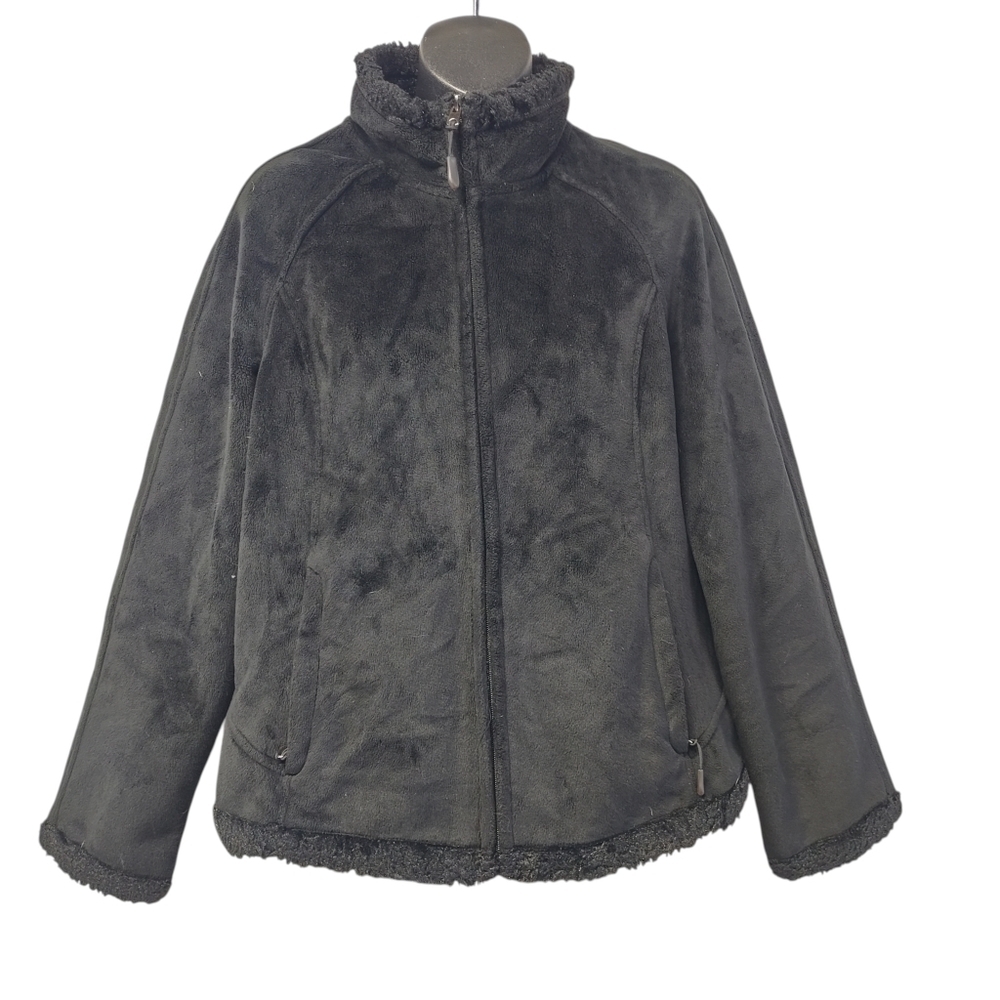 Green Tea Womans Black Faux Fur Plush Zipper Front Sift Cozy Jacket Size M